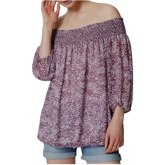 Ann Taylor LOFT Blouse Off The Shoulder Purple Floral Women's S Boho Peasant Top - Picture 1 of 9